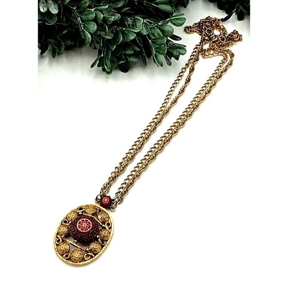 Vintage Gold-Tone Pendant Necklace With Red & White Floral Enamel Design Double - Picture 2 of 8